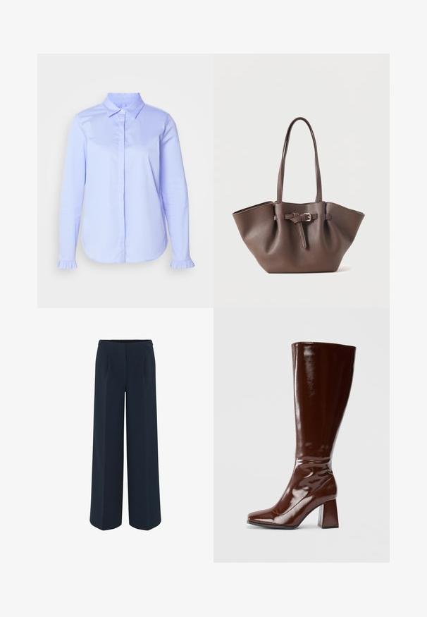 Chemise bleu clair à boutons en tissu lisse, avec un col classique et des détails froncés sur les poignets.; Pantalons large en bleu marine foncé, présentant un tissu lisse, des plis tailleur et une taille haute. Pas de poches visibles ni de décorations.; Bottes en cuir verni marron jusqu'aux genoux avec un bout carré, finition brillante et un talon épais pour la stabilité. Design sans couture sans matériel visible.; Sac cabas en cuir marron avec des anses longues et une sangle décorative à boucle sur le devant, présenté sur un fond blanc uni.