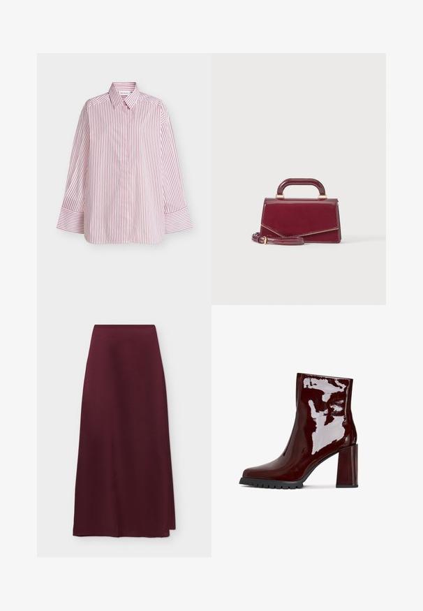 Witte blouse met lange mouwen, knoopsluiting, verticale rode strepen en brede manchetten, plat uitgestald tegen een witte achtergrond.; Bordeauxrode A-lijn midi-rok met een gladde, satijnachtige textuur en een hoge taille, afgebeeld op een witte achtergrond.; Glanzende bordeaux enkelboot met een vierkante neus, chunky doorzichtige hak en gestructureerde zwarte zool. Vloeiend oppervlak met een hoge glansafwerking.; Kleine glanzende bordeauxrode handtas met een bovenhandvat en een afneembare schouderriem, weergegeven tegen een eenvoudige lichte achtergrond.