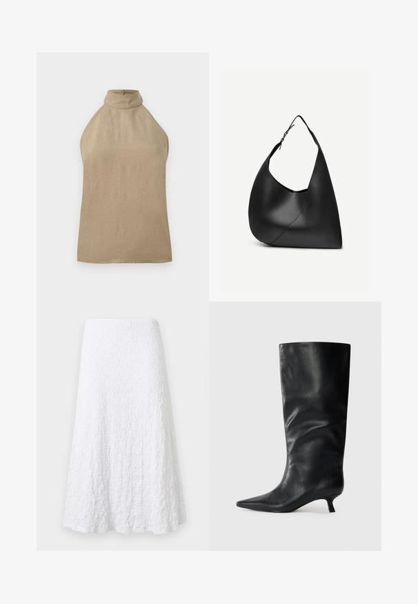 Mouwloze beige top met hoge hals en knoopsluiting aan de achterkant, gemaakt van een lichtgewicht stof.; Witte A-lijn midi-rok met textuur, subtiele geplooide stof en uitlopende zoom.; Zwarte leren kniehoogte laars met een spitse neus en lage kittenheel, weergegeven op een effen lichte achtergrond.; Zwarte leren schoudertas met gebogen driehoekige vorm, enkele verstelbare riem en zichtbare diagonale naad aan de voorkant.