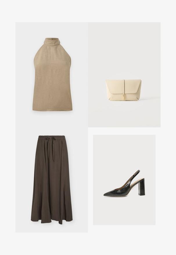 Haut beige sans manches avec col montant et fermeture par boutons au dos, confectionné en tissu léger.; Longue jupe marron foncé avec taille élastique et cordon, tissu lisse, légère évasement, suspendue à plat sur fond clair.; Chaussure slingback femme en cuir noir avec bout pointu et talon bloc épais et haut sur fond blanc.; Pochette en cuir beige avec rabat avant et fermeture par sangle verticale, sur un fond clair uni.