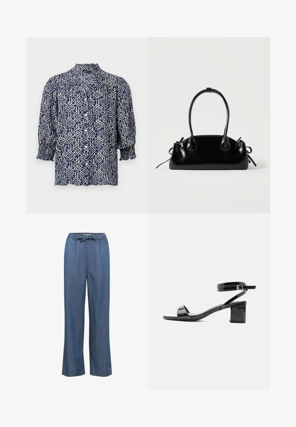 Marineblauwe blouse met knopen, witte bloemige geometrische print, driekwart mouwen, gerimpelde manchetten en een gerimpelde hoge kraag.; Lange denim broek met wijde pijpen in een gemiddelde blauwe tint, voorzien van een elastische tailleband met een verstelbaar trekkoord en een rechte snit voor een comfortabele pasvorm.; Zwarte lakleren sandaal met blokhak, open teen en enkelbandje met gesp, gezien van opzij tegen een witte achtergrond.; Kleine zwarte glanzende handtas met twee lange hengsels en zijkant trekkoord details op een effen lichte achtergrond.