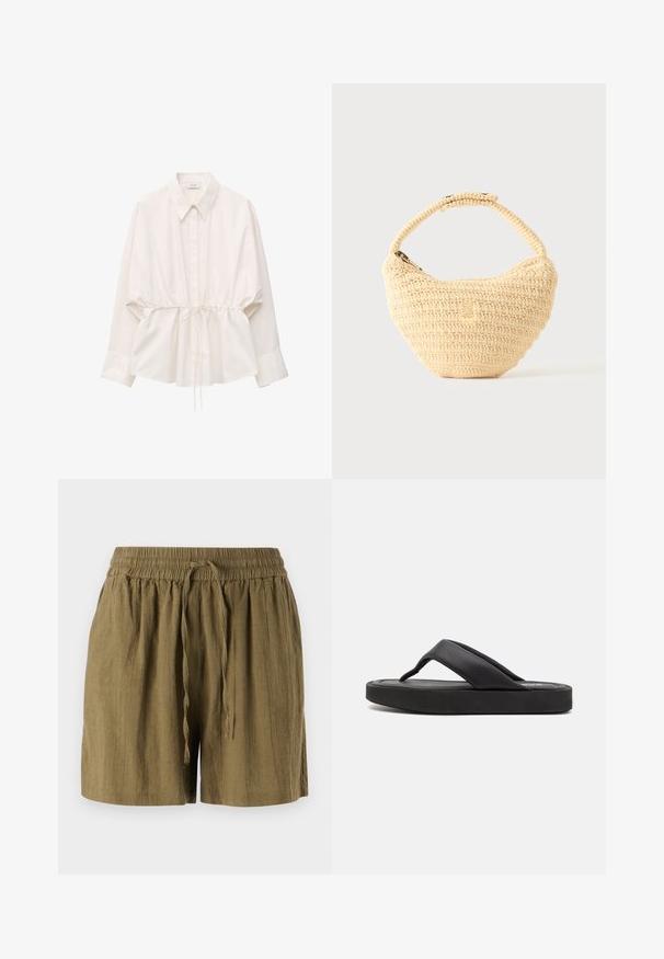Chemise blanche à manches longues boutonnée, col pointu, taille ajustable avec cordon, coupe ample et larges poignets.; Shorts pull-on verts olive en tissu léger, dotés d'une taille élastique et d'un cordon de serrage, avec une coupe décontractée et ample.; Tongs noires avec une large lanière entre les orteils et une tige en synthétique douce. Dotées d'une semelle en caoutchouc épaisse avec une semelle intérieure texturée pour une meilleure adhérence.; Sac à main beige tissé avec corps arrondi, fermeture éclair et une sangle courte et épaisse dans un style crochet simple et texturé.