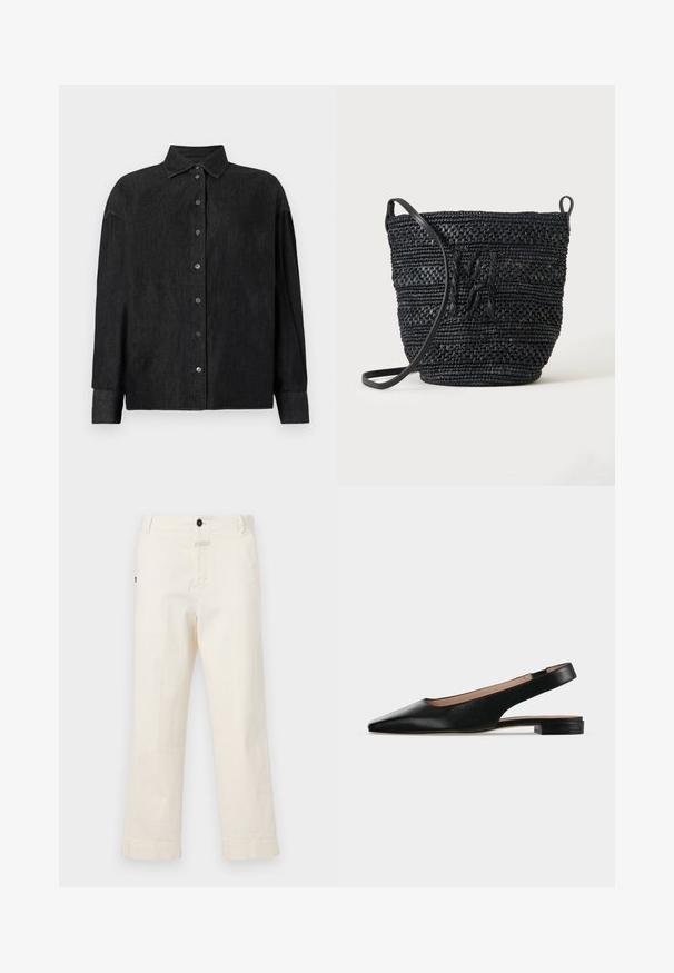 CLOSED CAPE SHIRT - Skjortebluser - mid grey; Beige bomuldsbukser med lige ben-design, der har en frontknaplukning og en lomme med en cirkulær knapdetalje.; Sort læder slingback flad sko med spids tå og lav firkantet hæl på hvid baggrund.; Sort flettet bucket taske med lang rem og tekstureret mønsterdetalje på en ensfarvet baggrund.