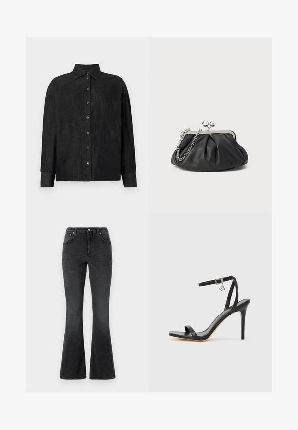 CLOSED CAPE SHIRT - Skjortebluser - mid grey; CLOSED JOVANNA - Jeans Slim Fit - dark grey; Sort hæl-sandal med smal ankrem, firkantet tå-boks, glat lædermateriale og metalspænde som pynt.; Sort læder clutch med samlet tekstur, sølvfarvet metalramme, kys-lås lukning og kædestrop. Glat, blød overflade.