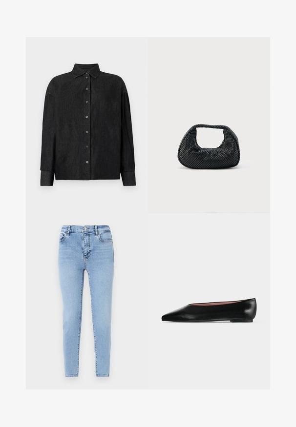CLOSED CAPE SHIRT - Blúzka so zapínaním na gombíky - mid grey; Svetlomodré, vysoké džínsy s úzkym strihom. Vyrobené z denimu s jemnou textúrou, s predným uzáverom na gombík a zadnými vreckami.; Čierna kožená dámska balerína s špicatou špičkou a nízkym opätkom, zobrazená z boku na jednoliatom svetlosivom pozadí.; Čierna tkaná kabelka hobo s mäkkou štruktúrou a integrovanou rukoväťou, zobrazená na jednoduchom svetlom pozadí.