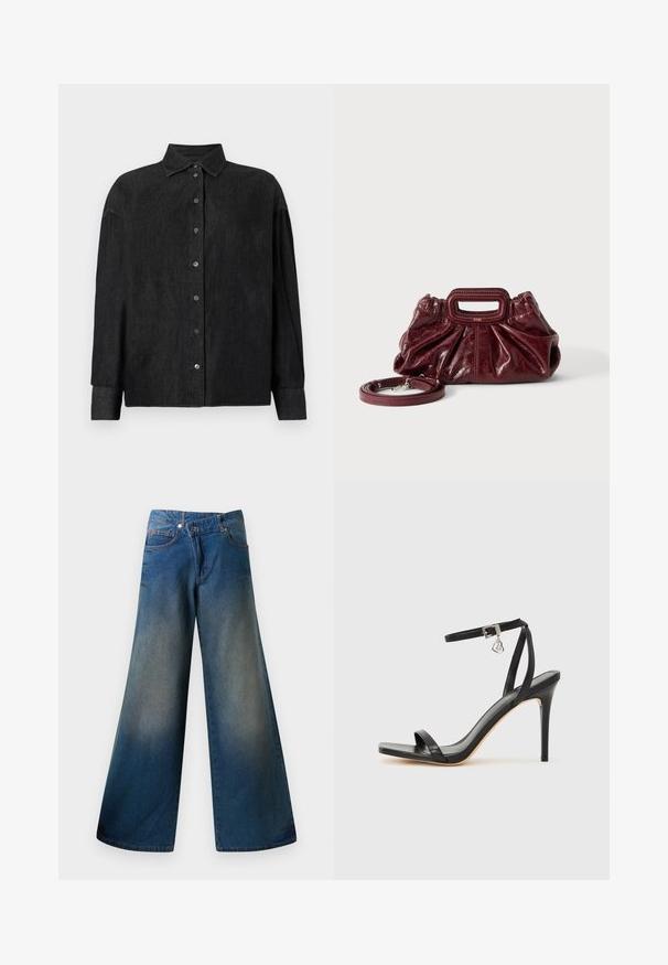 CLOSED CAPE SHIRT - Blúzka so zapínaním na gombíky - mid grey; Modré široké džínsy vyrobené z denimu, s mierne vyblednutým povrchom, viditeľným šitím, dvoma prednými vreckami a zapínaním na gombík.; Čierna sandála na vysokom opätku s úzkym remienkom okolo členka, štvorcovou špičkou, hladkým koženým materiálom a kovovým zapínaním.; Malá tmavočervená kožená kabelka so zhromaždenou textúrou, obdĺžnikovým výrezom na rukoväti a odnímateľným ramenným popruhom na bielom pozadí.