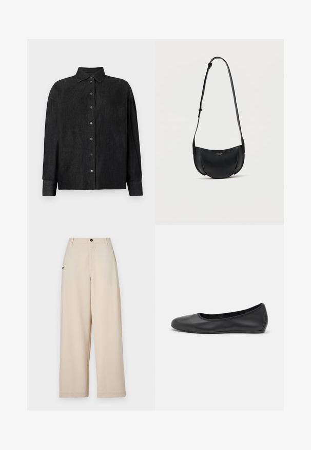 CLOSED CAPE SHIRT - Skjortebluser - mid grey; Beige bukser med vid ben, lavet af blødt stof, med en frontknaplukning, sidelommer og en afslappet pasform.; Sort læderballetsko med rund tå, glat tekstur, minimal syning og et fleksibelt såldesign.; Sort læder crossbody-taske i halvmåneform med justerbar rem og lille guldlogo foran i midten.