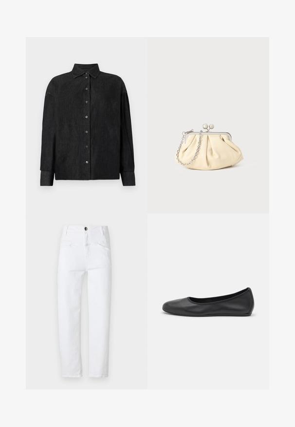 CLOSED CAPE SHIRT - Hemdbluse - mid grey; Weiße Jeans mit hoher Taille, geradem Schnitt, zwei vorderen Taschen und einer hinteren Tasche. Verfügt über einen Metallknopf und einen Reißverschluss.; Schwarze Leder-Ballettschuhe mit abgerundeter Spitze, glatter Textur, minimalen Nähdetails und einem flexiblen Sohlen-Design.; Faltige beigefarbene Ledertasche mit einem silbernen Metallrahmen, ausgestattet mit zwei runden dekorativen Verschlüssen und einem silbernen Kettenriemen.