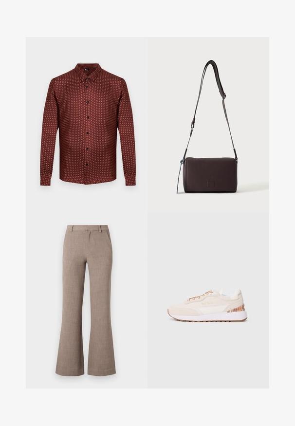 Chemise boutonnée bordeaux en tissu texturé, avec un motif à pois crème. Manches longues et col traditionnel.; Pantalons évasés beiges en tissu texturé, avec fermeture éclair et poches latérales pour plus de fonctionnalité. Design ajusté.; Baskets avec une tige en suède beige, des accents blancs, une semelle en caoutchouc marron et un détail rayé coloré sur le talon ; elles sont dotées de lacets marron.; Sac bandoulière en cuir marron foncé texturé avec une sangle réglable et un petit accent décoratif bleu sur le côté.