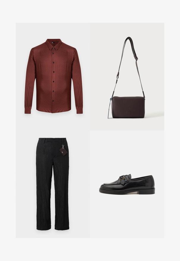 Chemise boutonnée bordeaux en tissu texturé, avec un motif à pois crème. Manches longues et col traditionnel.; Pantalons larges en noir texturé, avec une finition lisse et des coutures visibles ; comprend une étiquette attachée par une boucle en métal argenté.; Mocassins en cuir noir avec un bout arrondi et une boucle décorative. Talon plat, solide et texture lisse sur l'ensemble.; Sac bandoulière en cuir marron foncé texturé avec une sangle réglable et un petit accent décoratif bleu sur le côté.