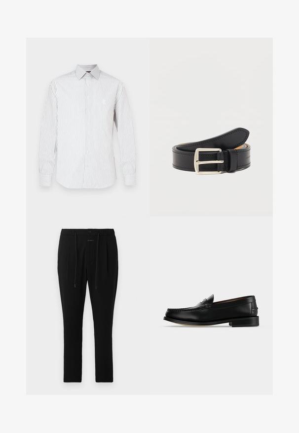 Hvid langærmet skjorte med tynde, lodrette grå striber, knaplukning foran, spids krave og broderet logo på brystet.; CLOSED VIGO TAPERED - Chino - dark night; Sort læder herre loafer med lav hæl og mokkasinsyning på tåen, vist fra siden på en ensfarvet baggrund.; Sort læderbælte med sølv rektangulært spænde, rullet sammen med synlige syninger langs kanterne på en ensfarvet hvid baggrund.