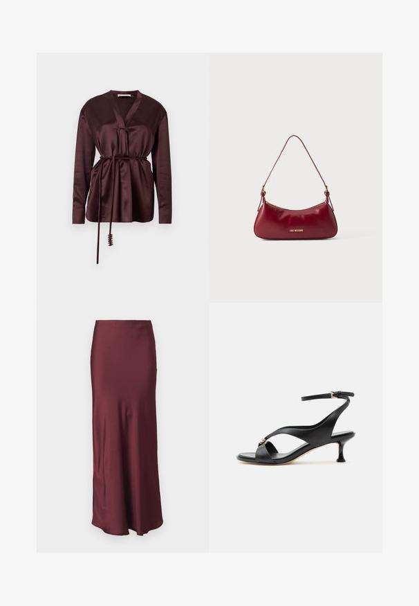 Bordeauxrote Satin-Wickelbluse mit langen Ärmeln, tiefem V-Ausschnitt und verstellbarem Bindegürtel in der Taille, mit glattem, glänzendem Finish.; Burgunder satinhult lange Rock mit tailliertem Bund und ausgestellt Saum, der eine glatte Textur aufweist und keine sichtbaren Muster oder Verzierungen hat.; Schwarze Ledersandale für Damen mit geschwungenem Kitten-Heel, gekreuzten Riemen und verstellbarem Knöchelriemen mit kleiner goldener Schnalle.; Kleine dunkelrote Lederschultertasche mit dünnem Riemen und goldenem "Love Moschino"-Logo auf der Vorderseite.