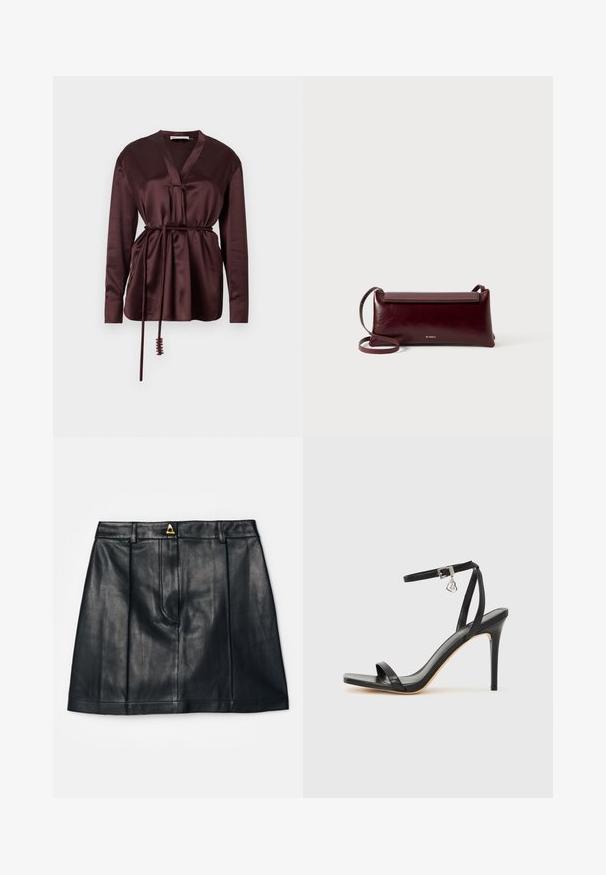 Bordeauxrote Satin-Wickelbluse mit langen Ärmeln, tiefem V-Ausschnitt und verstellbarem Bindegürtel in der Taille, mit glattem, glänzendem Finish.; AERON RUDENS SKIRT - A-Linien-Rock - black; Schwarze High-Heel-Sandale mit schmalem Knöchelriemen, quadratischer Zehenbox, glattem Leder und metallischem Schnallenakzent.; Burgunderfarbene Leder-Umhängetasche mit glatter Textur, rechteckiger Form, Klappenverschluss und einem dünnen, verstellbaren Trageriemen. Sichtbares goldfarbenes Logodesign.