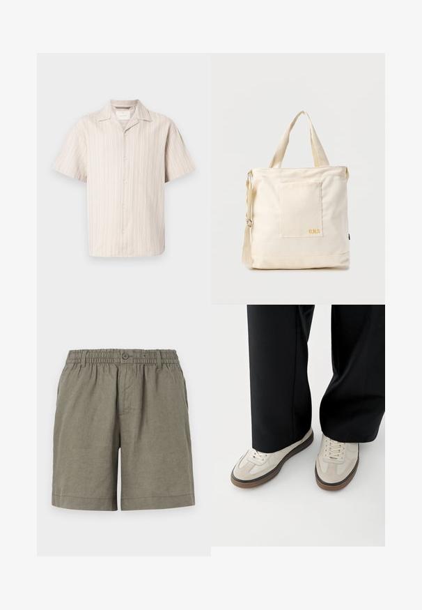 Chemise à manches courtes avec des boutons, en beige clair avec des rayures blanches verticales. Elle présente un col classique et une coupe décontractée, fabriquée à partir d'un matériau doux.; Shorts khaki en tissu léger avec une taille élastique et une fermeture à boutons. Ils présentent un design à jambe droite et un ourlet roulé.; Pieds portant des baskets beige avec des semelles marron et un pantalon noir à jambes larges sur fond blanc.; Sac fourre-tout en toile crème avec poche avant, deux poignées, bandoulière réglable et petit texte jaune "O.N.S" en bas à droite de la poche.