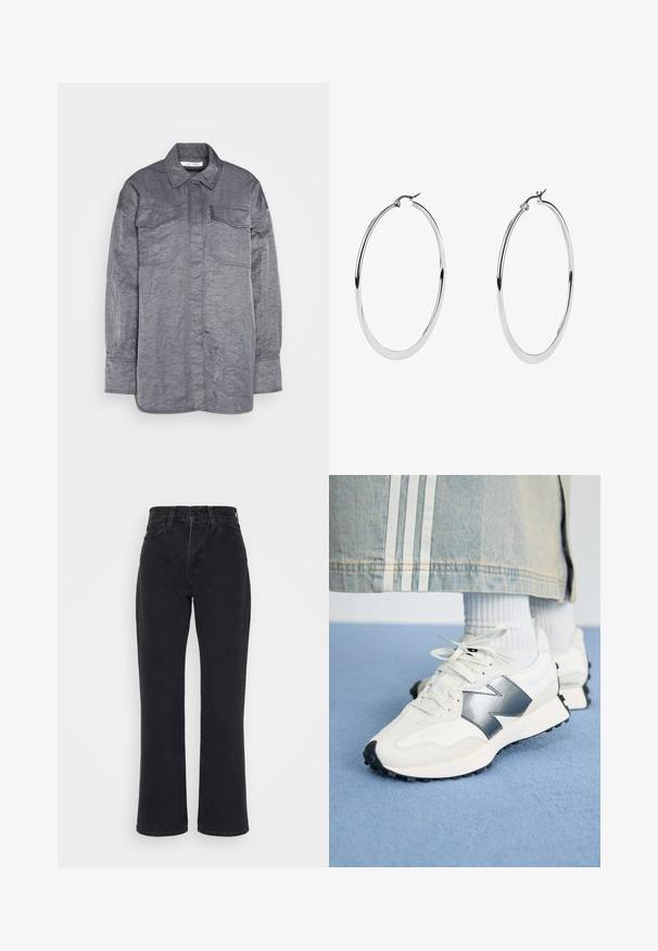 Grijze, knoopsluiting overhemden gemaakt van gekreukt stof. Heeft een kraag, lange mouwen en twee borstvo pockets. Gestructureerd oppervlak.; Zwarte high-waist jeans met rechte pijpen, voorzakken en riemlussen op een witte achtergrond.; Witte sport sneakers met een zilveren accent, textiel en glad leer; met een zwarte rubberen zool en veters.; Grote zilveren creolen met een gepolijste metalen afwerking, met een glad, circulair ontwerp en een veilige sluiting.