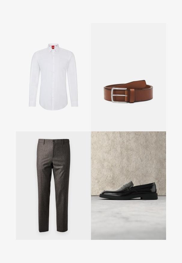 Valge pikkade varrukatega shirt, millel on krae, nööbiga esiosa ja pehme, sujuv kangas. Muster või aksessuaare ei ole nähtaval.; Pruun herringbone-stiilis püksid, millel on sale lõige, esi-nööbiga kinni peetavad ja küljetaskud, valmistatud tekstureeritud kangast, millel on õrn sära.; Mustast läikivast nahast loafers-tüüpi king hõljub beeži vaiba kohal, taustal oranžist läbipaistvast mööblist.; Pruun nahk vööp, millel on sile pind, sisseehitatud ristkülikukujuline hõbedane nööp ja ühe hamba, et kinnitada. Klassikaline disain ja vastupidav materjal.