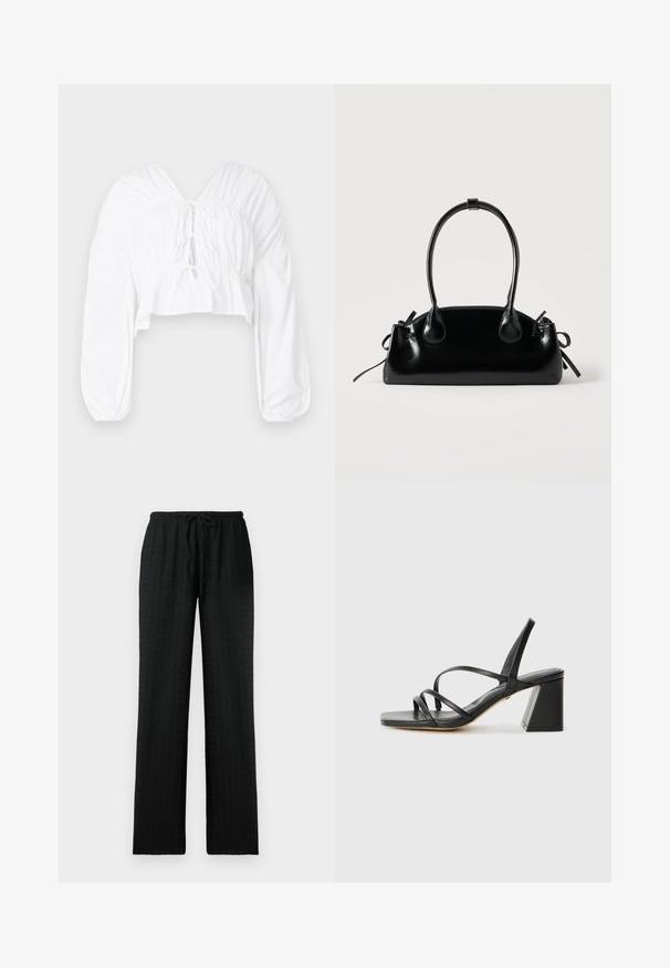 Blouse blanche raccourcie avec un décolleté en V, des manches bouffantes longues et des détails froncés à la taille. Présente une fermeture à nouer à l'avant.; Pantalons larges noirs texturés avec une taille élastique et un cordon de serrage réglable ; conçus pour le confort et une coupe décontractée.; Sandales noires à talons avec un bout carré, présentant plusieurs fines bretelles et un talon bloc géométrique. Texture en cuir lisse et design minimaliste.; Petit sac à main noir brillant avec deux longues anses et des détails à cordon sur les côtés sur un fond clair uni.