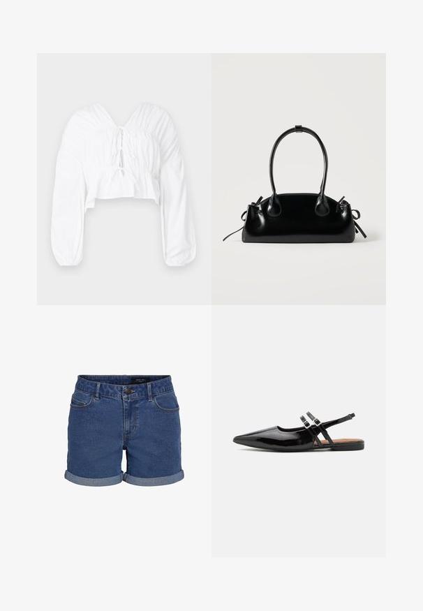 Witte cropped blouse met een V-hals, lange pofmouwen en geplooide details bij de taille. Heeft een striksluiting aan de voorkant.; Denim shorts in donkerblauw met een klassieke snit. Beschikt over opgerolde zomen, twee voorzakken en een knoopsluiting. Glad textuur.; Zwarte gepatineerde leren slingback schoenen hebben een spitse neus, twee banden met gespsieraden en een platte zool.; Kleine zwarte glanzende handtas met twee lange hengsels en zijkant trekkoord details op een effen lichte achtergrond.