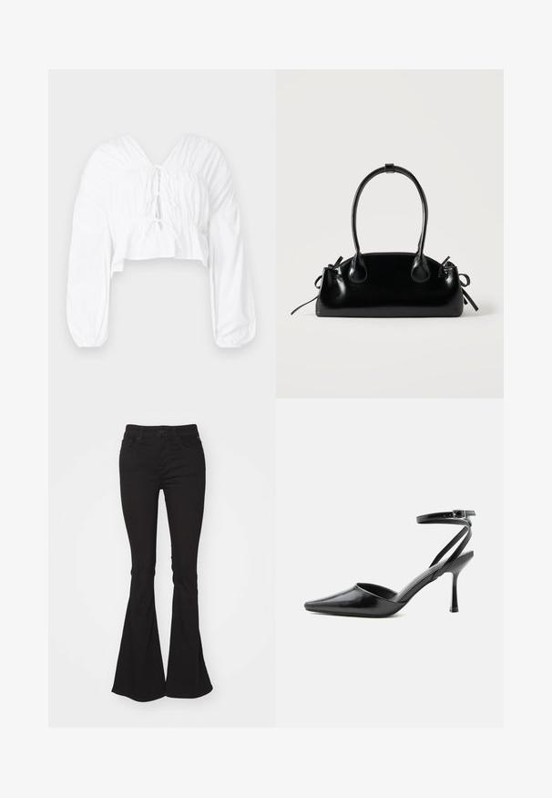 Witte cropped blouse met een V-hals, lange pofmouwen en geplooide details bij de taille. Heeft een striksluiting aan de voorkant.; Zwarte flared jeans met een hoge taille, voorzien van een standaard knoop- en ritssluiting, twee voorzakken en een licht gestructureerde stof.; Zwarte pumps met puntige neus, dunne enkelbandjes en een zilveren gesp op een effen lichte achtergrond.; Kleine zwarte glanzende handtas met twee lange hengsels en zijkant trekkoord details op een effen lichte achtergrond.