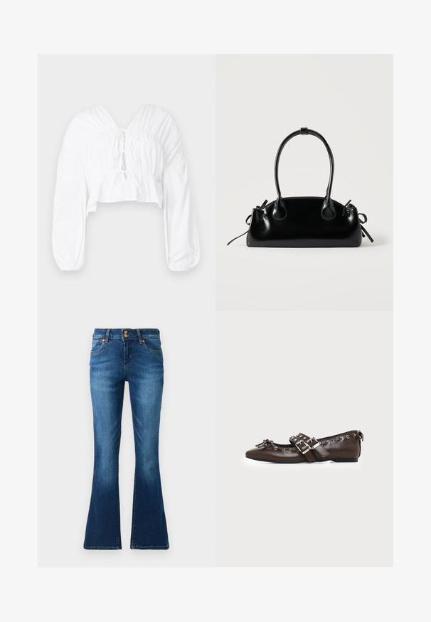Witte cropped blouse met een V-hals, lange pofmouwen en geplooide details bij de taille. Heeft een striksluiting aan de voorkant.; Blauwe denim flared jeans met voorzakken, ceintuurlussen en dubbele knoopsluiting, weergegeven op een effen achtergrond.; Donkerbruine leren platte schoen met puntige neus, dubbele zilveren gespsluitingen, metalen klinknagels en een decoratief strikje aan de voorkant.; Kleine zwarte glanzende handtas met twee lange hengsels en zijkant trekkoord details op een effen lichte achtergrond.