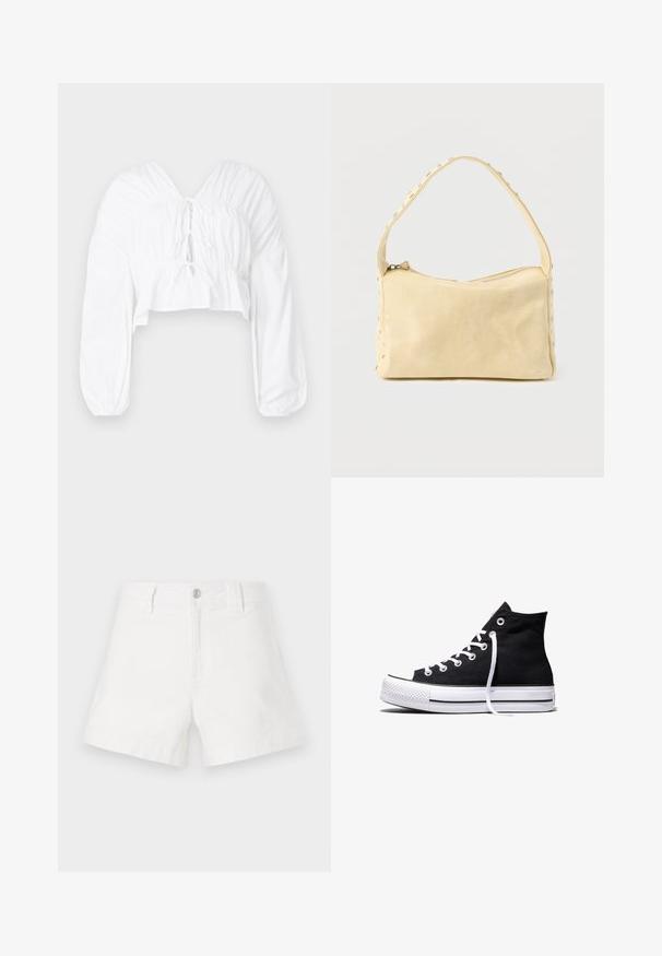 Weißes cropped Blusenshirt mit V-Ausschnitt, langen puffärmeln und gerafften Details an der Taille. Mit einer Bindung vorne.; Weiße Jeans-Shorts mit klassischem Schnitt, ausgestattet mit einem vorderen Knopfverschluss, Gürtelschlaufen und einer glatten, strukturierten Oberfläche.; Schwarzer High-Top-Canvas-Sneaker mit weißer Gummisohle und weißen Schnürsenkeln, seitlich dargestellt vor weißem Hintergrund.; Kleine beige Ledertasche mit einem einzigen Riemen und silbernen Nieten entlang der Kanten und des Riemens, vor einem schlichten Hintergrund.