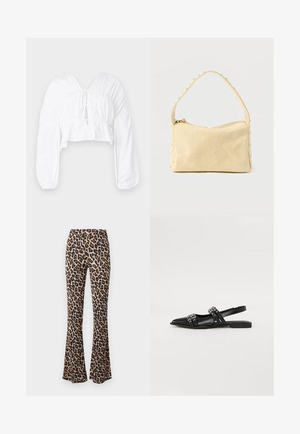 Weißes cropped Blusenshirt mit V-Ausschnitt, langen puffärmeln und gerafften Details an der Taille. Mit einer Bindung vorne.; Leopardenmuster Schlaghosen in Tan und Schwarz, aus weichem Stoff mit einer glatten Textur, mit einer taillierten Taille und einem ausgestellten Saum.; Even&Odd by Zalando Sling-Ballerina - black; Kleine beige Ledertasche mit einem einzigen Riemen und silbernen Nieten entlang der Kanten und des Riemens, vor einem schlichten Hintergrund.