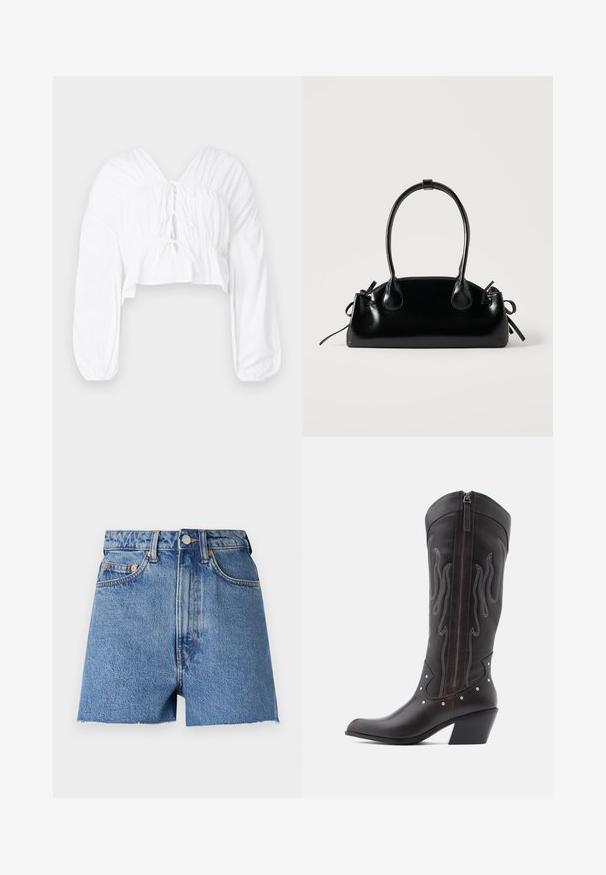 Weißes cropped Blusenshirt mit V-Ausschnitt, langen puffärmeln und gerafften Details an der Taille. Mit einer Bindung vorne.; Helleblaue Jeansshorts mit hoher Taille, ausgefranstem Saum und kupferfarbenen Beschlägen. Ausgestattet mit zwei Vordertaschen und klassischem Fünf-Taschen-Design.; Braune Cowboy-Stiefel aus Leder mit Flammenstickerei, seitlichem Reißverschluss, silbernen Nieten, spitzer Zehenpartie und geschichtetem Absatz.; Kleine schwarze glänzende Handtasche mit zwei langen Griffen und seitlichen Kordelzug-Details vor einfachem hellem Hintergrund.