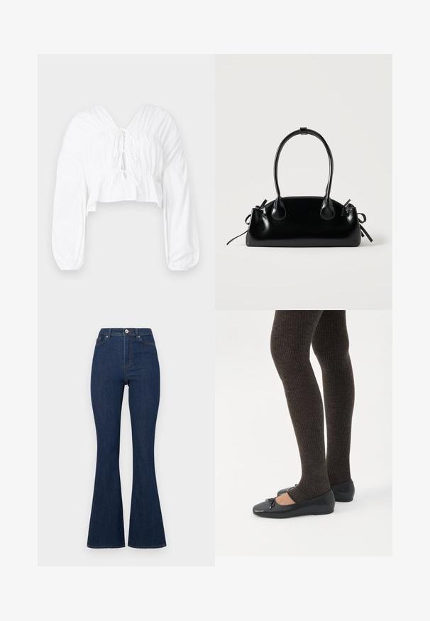 Blouse blanche raccourcie avec un décolleté en V, des manches bouffantes longues et des détails froncés à la taille. Présente une fermeture à nouer à l'avant.; Jean en denim évasés de couleur bleu foncé avec une taille haute, présentant une fermeture éclair et un bouton, ainsi que des coutures discrètes le long des bords.; Jambes portant des leggings côtelés foncés associés à des ballerines noires avec de petits détails en nœud sur fond blanc.; Petit sac à main noir brillant avec deux longues anses et des détails à cordon sur les côtés sur un fond clair uni.