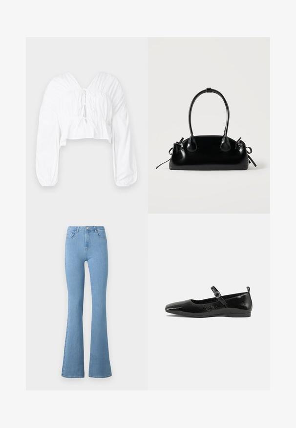 Witte cropped blouse met een V-hals, lange pofmouwen en geplooide details bij de taille. Heeft een striksluiting aan de voorkant.; Lichtblauwe flare jeans van denim, met een hoge taille, vijf zakken, een rits aan de voorkant en een metalen knoopsluiting.; Zwarte patenten leren ballerina met een spitse neus, een enkelbandje met een gesp en een gladde, glanzende textuur. Lage hak voor comfort.; Kleine zwarte glanzende handtas met twee lange hengsels en zijkant trekkoord details op een effen lichte achtergrond.