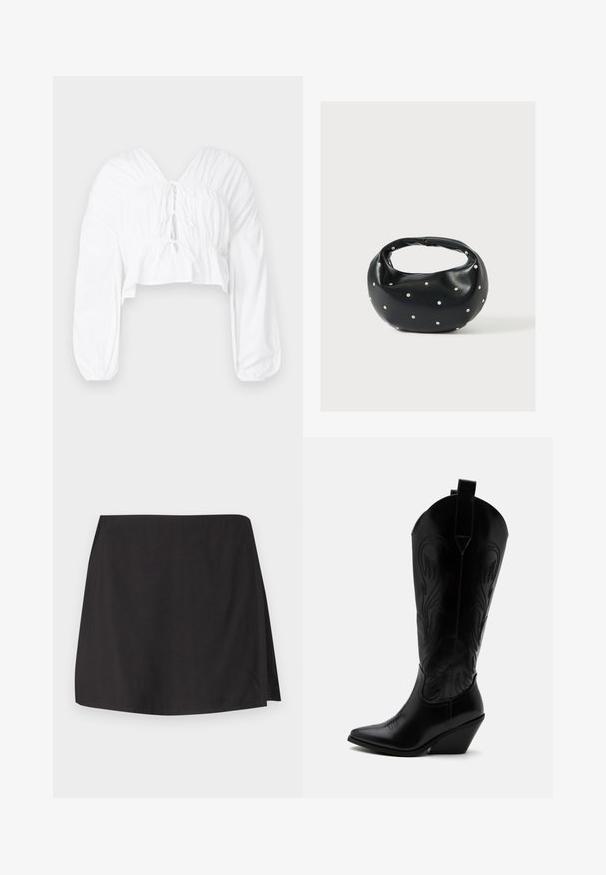 Witte cropped blouse met een V-hals, lange pofmouwen en geplooide details bij de taille. Heeft een striksluiting aan de voorkant.; Zwarte rok van gladde stof, met een rechte snit en een split aan één kant. Eenvoudig ontwerp zonder patronen of versieringen.; Zwarte leren cowboylaars met puntige neus, schuine blokhak, decoratieve stiksels en aantreklusjes bovenaan tegen een witte achtergrond.; Zwarte leren handtas met een afgeronde vorm, versierd met zilveren studs, en een korte handgreep. Gladde textuur en ritsluiting.