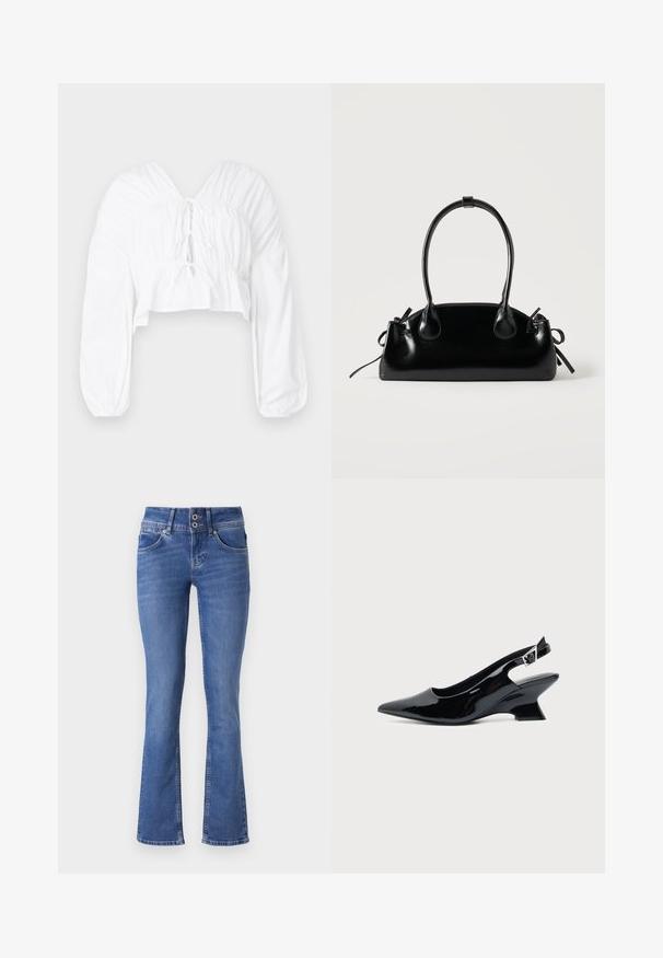 Witte cropped blouse met een V-hals, lange pofmouwen en geplooide details bij de taille. Heeft een striksluiting aan de voorkant.; Blauwe denim jeans met een broekspijpdesign met uitlopende onderkant, voorzien van een sluiting met twee knopen, vijf zakken en subtiele lichte plekken aan de voorkant.; Zwarte lakleren slingback schoen met spitse neus en lage schuine blokhak op een effen lichte achtergrond.; Kleine zwarte glanzende handtas met twee lange hengsels en zijkant trekkoord details op een effen lichte achtergrond.