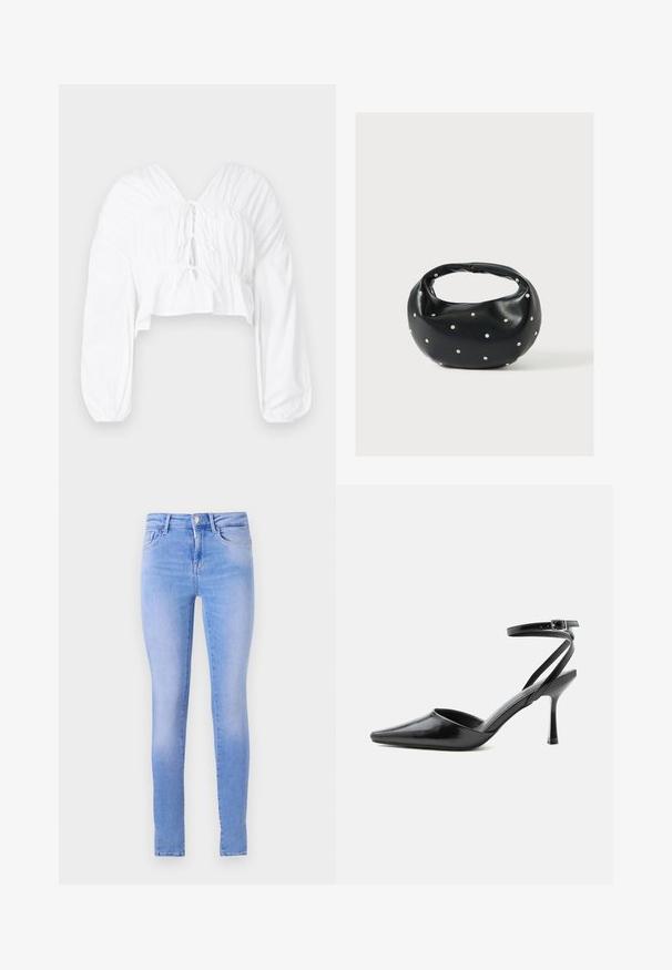 Witte cropped blouse met een V-hals, lange pofmouwen en geplooide details bij de taille. Heeft een striksluiting aan de voorkant.; Lichtblauwe skinny jeans met een vervaagde wassing, voorzien van een vijf-pocket ontwerp, een sluiting met knop aan de voorkant en een schone zoom.; Zwarte pumps met puntige neus, dunne enkelbandjes en een zilveren gesp op een effen lichte achtergrond.; Zwarte leren handtas met een afgeronde vorm, versierd met zilveren studs, en een korte handgreep. Gladde textuur en ritsluiting.