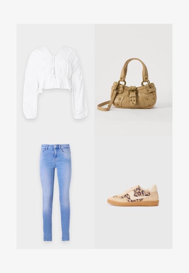 Blouse blanche raccourcie avec un décolleté en V, des manches bouffantes longues et des détails froncés à la taille. Présente une fermeture à nouer à l'avant.; Jean skinny bleu clair avec un délavage, comprenant un design à cinq poches, une fermeture à bouton à l'avant et un ourlet net.; Baskets en imprimé léopard avec tige en suède beige, semelle en caoutchouc tan et accents blancs. Bout rond et design à lacets avec une finition texturée.; Sac à main en cuir beige avec double poignées, boucle en laiton et détails rivetés, ainsi qu'une bandoulière réglable sur fond blanc.