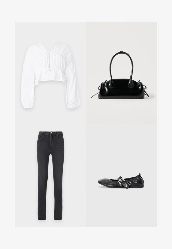 Weißes cropped Blusenshirt mit V-Ausschnitt, langen puffärmeln und gerafften Details an der Taille. Mit einer Bindung vorne.; Schwarze Skinny-Jeans mit hoher Taille, aus Stretch-Denim, ausgestattet mit Gürtelschlaufen, minimaler Nahtverarbeitung und einem klassischen Fünf-Taschen-Design.; Schwarze Leder-Ballerinas mit spitzem Zehenbereich, gerafften Details am Schaft und einem silbernen Schnallenakzent am verstellbaren Riemen.; Kleine schwarze glänzende Handtasche mit zwei langen Griffen und seitlichen Kordelzug-Details vor einfachem hellem Hintergrund.