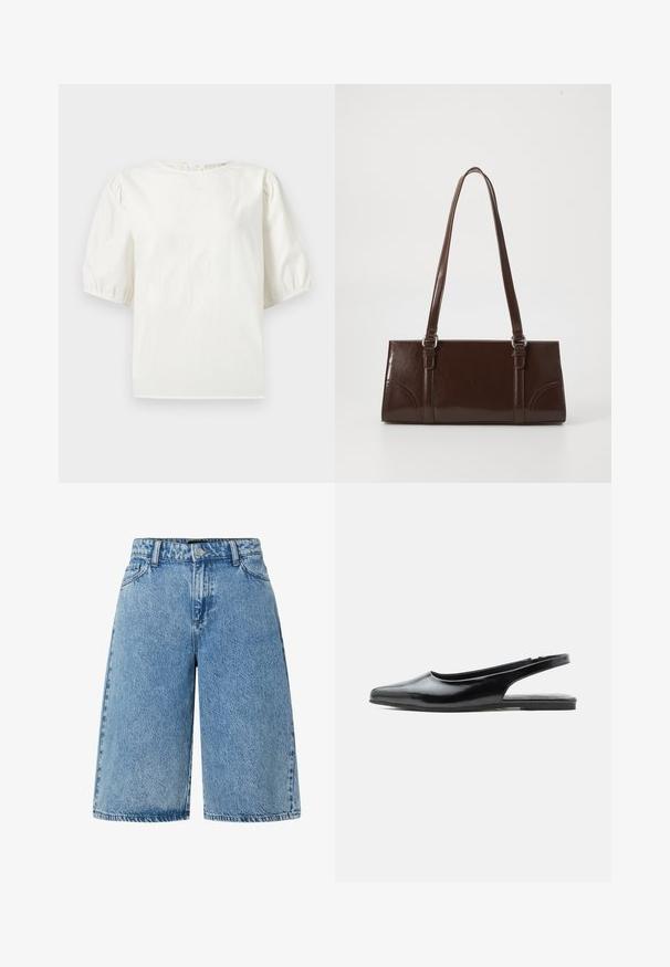 Blusa blanca con mangas abullonadas hasta el codo y escote redondo, con un pequeño cierre de botón en la parte trasera.; Pantalones cortos de mezclilla en azul claro, con un diseño de corte amplio, estilo estándar de cinco bolsillos y una tela texturizada con un acabado desgastado.; Zapato plano slingback de charol negro con punta afilada y tacón bajo sobre fondo blanco.; Bolso de mano de piel sintética marrón con forma rectangular, dos asas largas y sutiles acentos curvados en la parte delantera.
