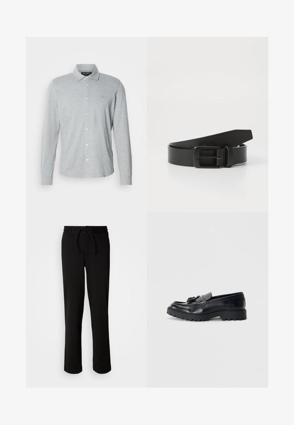 Langærmet grå poloshirt lavet af blød bomuld, med knaplukning foran, spidst krave og diskret logo på brystet.; Sorte sweatpants med snor i taljen, lavet af blødt og strækbart stof. Har en afslappet pasform med lige ben og uden synlige lommer.; Sorte læder loafers med en blank finish, kraftig gummisål og dekorativt frynse-detalje på forsiden.; Sort læderbælte med spænde i mat sort metal, der har en glat tekstur og enkelt design. Justerbar længde med en tilspidset ende.