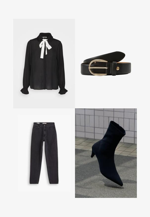 ONLY ONLGERRY - Chemisier - black/white; Jean en denim noir avec une coupe droite, comportant cinq poches, une fermeture à bouton à l'avant et des détails brodés le long des coutures.; Bottine noire à bout pointu, design épuré, matériau doux et talon modeste. Fermeture éclair à l'arrière.; Ceinture en cuir noir avec une texture lisse, dotée d'une boucle en métal doré et d'un design comprenant une ardillon et un passant.