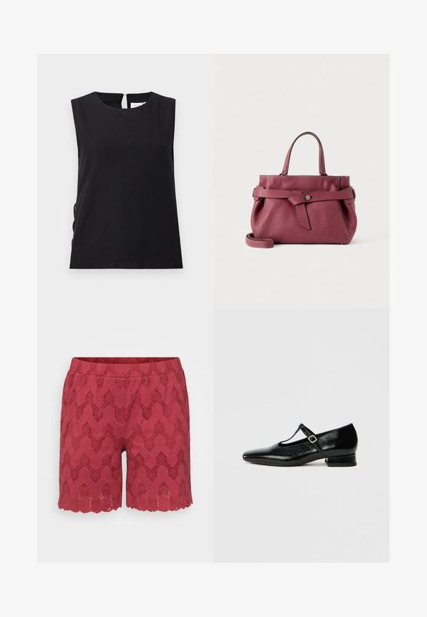 Must musta top ümmarguse kaelusega ja tagaküljel nööpidega, sirge lõikega, ühevärvilisest kangast ning minimalistliku disainiga.; Punased pitsshortsid, millel on zigzag-muster, laineline äär ja elastne vöökoht mugavuse tagamiseks.; Mustad nahast Mary Jane stiilis kingad, millel on terav nina, väike kand ja reguleeritav rihm hõbedase pandlaga. Sile, läikiv tekstuur.; Burgundia tekstuuriga nahast käekott lühikeste sangade, eesrihma pandla ja eemaldatava õlarihmaga ühevärvilisel taustal.