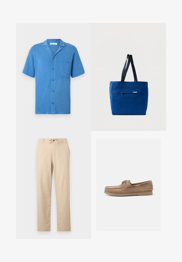 Chemise à manches courtes boutonnée en bleu, fabriquée en tissu texturé. Comprend un col cranté et une poche poitrine.; Pantalons en lin beige clair avec taille à cordon, coupe droite, poches avant et texture lisse. Design minimaliste sans motifs.; Mocassins en daim de couleur beige avec un design de mocassin, dotés d'œillets en métal et d'une semelle en caoutchouc. Aucune motif ou accent visible.; Sac fourre-tout en toile bleue avec une poche zippée à l'avant, des doubles bretelles et une forme rectangulaire. Dispose d'une étiquette de marque discrète.