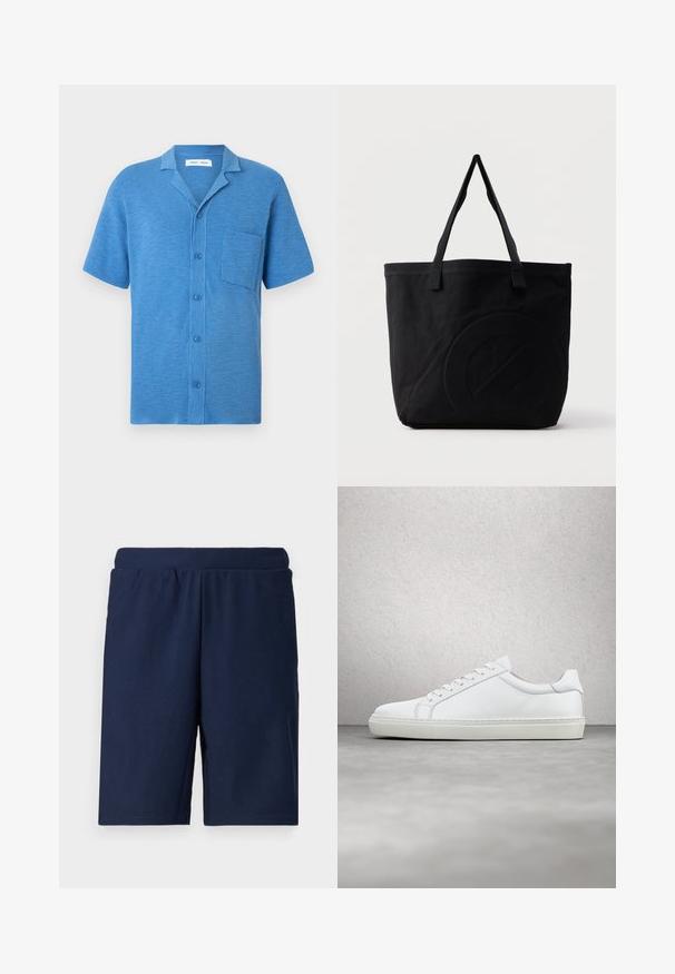Kurzärmeliges, blaues Hemd mit Knopfleiste, gefertigt aus strukturiertem Stoff. Verfügt über einen Reverskragen und eine Brusttasche.; Navyblaue Sportshorts mit gerippter Textur, elastischem Bund und geradem Schnitt, entworfen für Komfort und Bewegungsfreiheit.; Weißer Sneaker mit glattem Lederobermaterial und niedrigem Profil. Verfügt über eine runde Zehenpartie, sechs Ösen und eine strukturierte Gummisohle.; Schwarze Canvas-Shopper-Tasche mit zwei Schulterriemen und einem dezenten, eingeprägten kreisförmigen Design auf der Vorderseite.