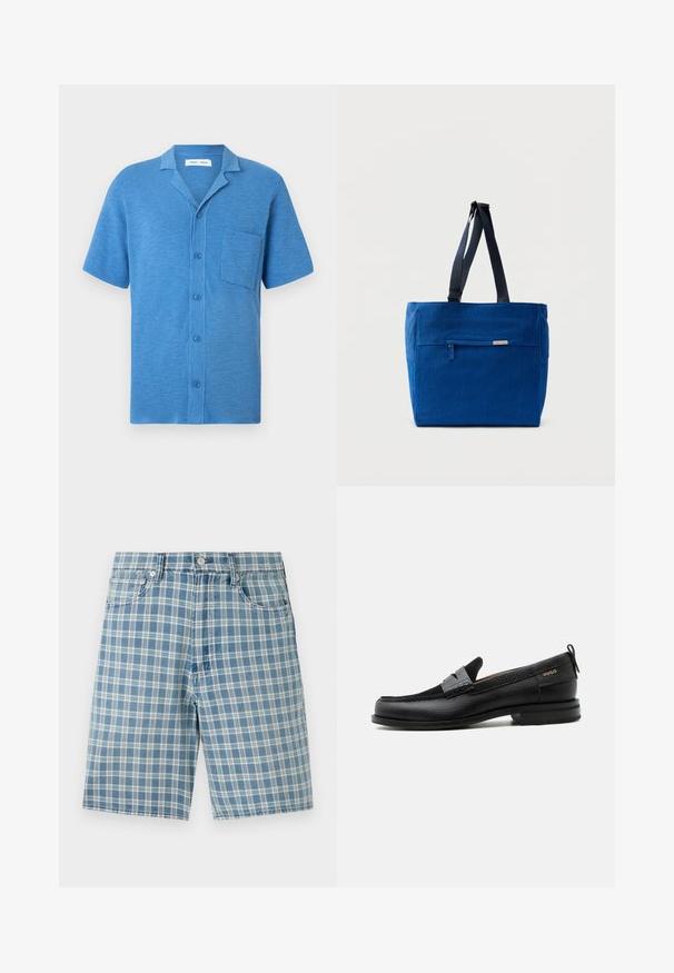 Kurzärmeliges, blaues Hemd mit Knopfleiste, gefertigt aus strukturiertem Stoff. Verfügt über einen Reverskragen und eine Brusttasche.; Hellblaue Karobluse-Shorts aus einem Baumwollmix, mit fünf Taschen, Knopfverschluss und lockerer Passform. Die Textur ist glatt und weich.; Schwarzer Lederloafer mit grauem Riemendetail, niedrigem Absatz und strukturierter Sohle, seitlich mit „HUGO“ in Gold gebrandmarkt.; Blaue Canvas-Einkaufstasche mit einer vorderen Reißverschlusstasche, doppelten Schulterriemen und rechteckiger Form. Verfügt über ein dezentes Markenlabel.