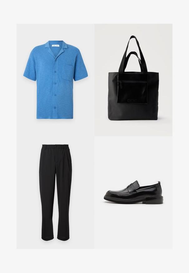 Camisa de manga corta con botones en azul, confeccionada en tela texturizada. Cuenta con cuello con muesca y bolsillo en el pecho.; Pantalones negros con cintura elástica, cierre de botón y diseño de pierna recta. Tejido liso, sin patrones o acentos visibles.; Calvin Klein MOCCASIN - Mocasines elegantes - black; Bolso tote negro con bolsillo frontal con cremallera y asas dobles, sobre un fondo claro y liso.