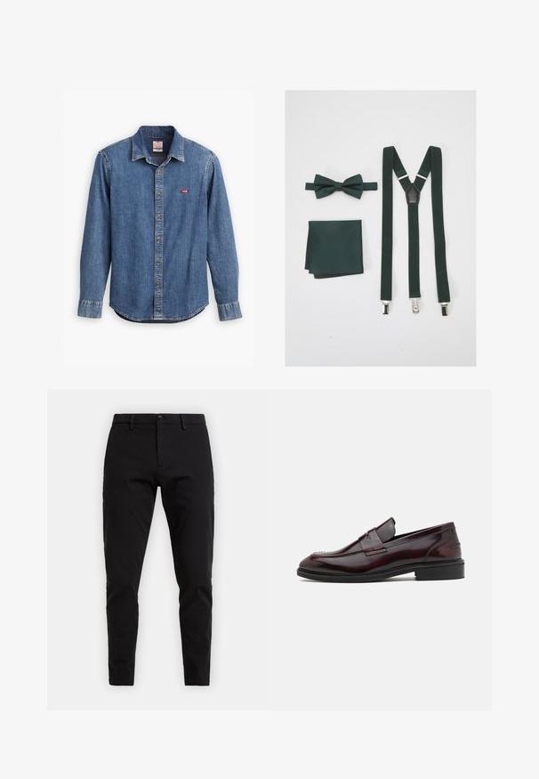 Denimskjorte i mørkeblå med skjortekrave, lange ærmer, stikninger og et lille rødt logo på brystlommen.; Sorte bomuldsbukser med slim fit. Har knappelukning, bæltestropper og sidelommer. Glat tekstur uden synlige mønstre.; Bordeaux læder loafers med en glat finish, rektangulær frontdetalje og en afrundet tå, med en sort gummisål.; Grøn butterfly, lommetørklæde og seler sæt. Stoffet har en glat tekstur, med metalclips og en læderdetalje på selerne.