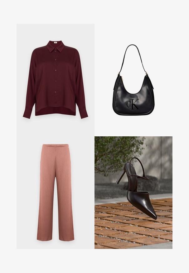 Chemise bordeaux à manches longues avec col boutonné et boutons sur le devant ; tissu lisse semblable à du satin ; coupe légèrement décontractée avec fentes sur les côtés.; Pantalon en maille côtelée à jambes larges couleur rose poudré avec une taille élastique et de fines rayures verticales, présenté sur un fond uni.; Mule noire brillante à talons hauts avec bout pointu et bride à la cheville, suspendue au-dessus d'une surface carrelée en terre cuite avec des interstices remplis de gravier.; Sac d'épaule en cuir noir avec fermeture éclair dorée, présentant un logo "cK" en relief sur le devant et une bandoulière unique pour le porter.