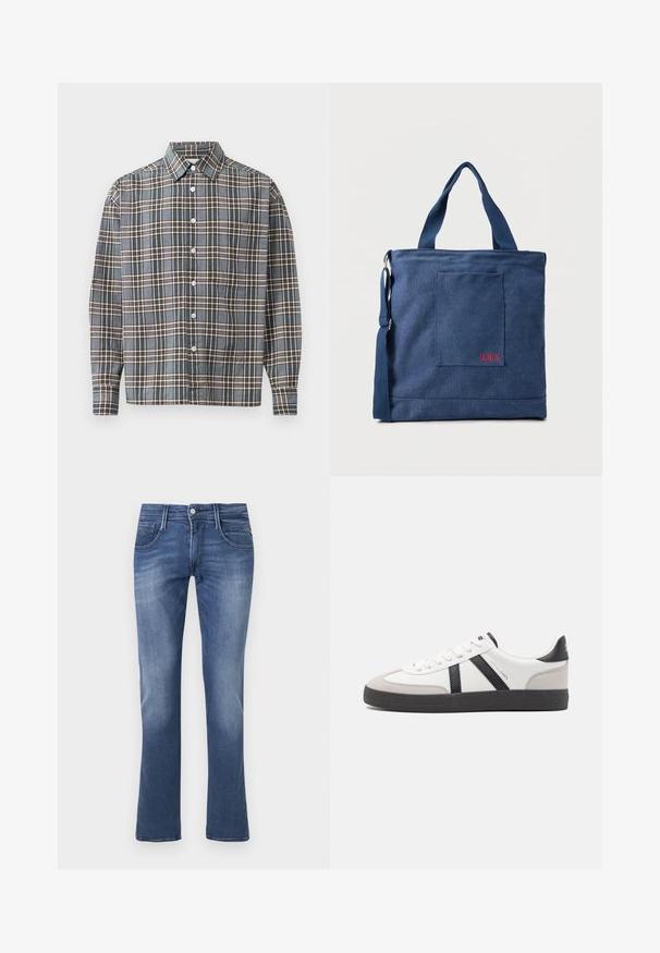 Langærmet skjorte med knaplukning i blå, brun og beige ternet mønster og en brystlomme på en lys baggrund.; Blå denim straight-leg jeans med frontknap, lynlås samt for- og baglommer på en hvid baggrund.; Hvide sneakers med sorte og grå detaljer, med en tekstureret grå tåhætte, sort gummisål og flade hvide snørebånd. Rent design, minimalistisk stil.; Blå lærredstote taske med frontlomme og rød "O.N.S" broderi, med to håndtag og en justerbar skulderrem.