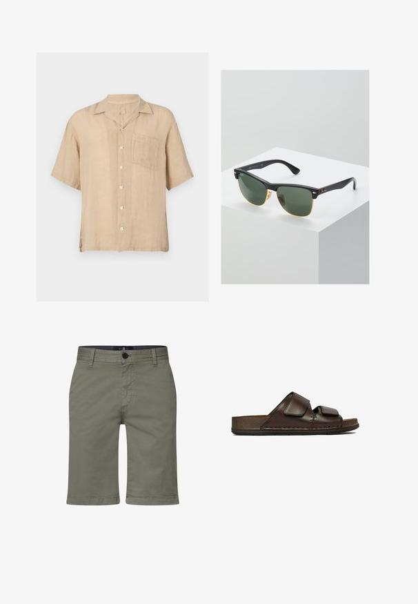 Camisa de lino beige de manga corta con cuello pico, bolsillo frontal y botones blancos. Tejido texturizado, corte relajado y dobladillo recto.; Bermudas caqui con una mezcla de algodón suave, que cuentan con una cremallera, cierre de botón y bolsillos frontales. Diseño de pierna recta, ajuste hasta la rodilla.; Sandalia tipo slide de cuero marrón oscuro con dos tiras de velcro ajustables y una suela gruesa y texturizada.; Gafas de sol Ray-Ban con lentes verdes, montura de plástico negro y acentos dorados en los bordes. Forma cuadrada con acabado mate.