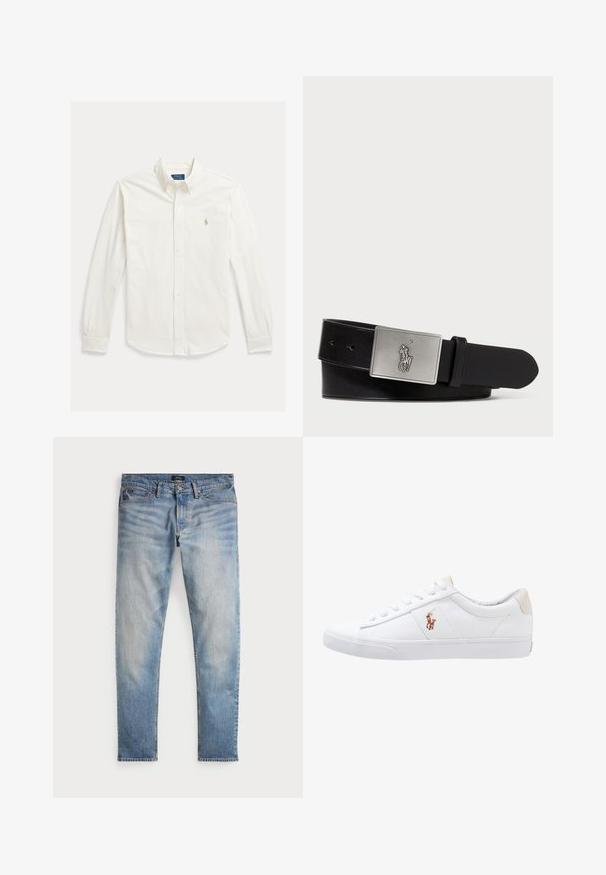 Wit overhemd met lange mouwen, knopen en kraag, met Polo Ralph Lauren-logo geborduurd op de linkerborst.; Lichtblauwe denim jeans met een vervaagde afwerking, vijfzakkenontwerp en contrasterende stiksels. Heeft een ritssluiting en riemlussen. Rechte snit.; Witte canvas sneakers met een laag ontwerp, featuring een beige hieltab en een klein geborduurd logo aan de zijkant. Rubber zool.; Zwarte leren riem met een rechthoekige zilverkleurige metalen gesp met een reliëf van een ruiterlogo, een gladde textuur en vijf riemgaten.