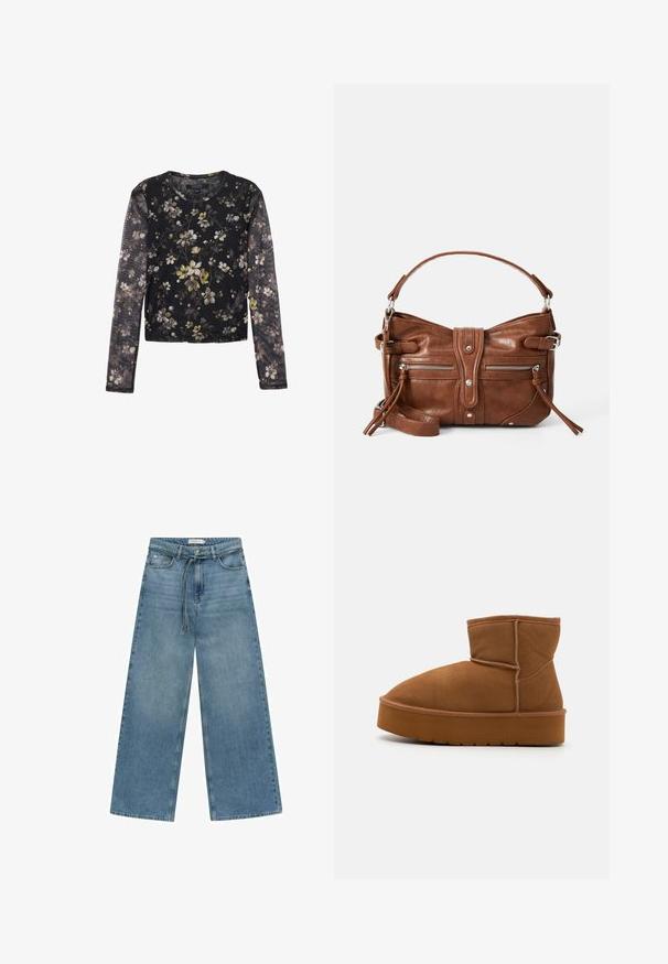 Langærmet top i letvægtsstof med sort bund, der har et blomsterprint i hvid og gul, rund halsudskæring og figursyet design.; Bredde ben blå denim jeans med medium vask. Har en snøre i taljen, frontlomme og en simpel finish uden yderligere pynt.; Brun ruskindsankelstøvle med rund tå, blød tekstur og en tykk gummisål. Har syninger og et lavprofil design.; Brun læderhåndtaske med en rund form, to frontlommer med lynlås og en aftagelig skulderrem. Udstyret med hardware og syninger i sølvfarve.