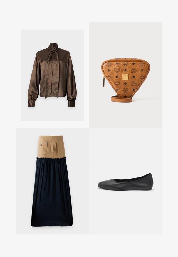 Brun satinbluse med høj hals og sløjfedetalje, udstyret med lange ærmer og knaplukning, glat tekstur og elegant fald.; Lyse denim nederdel med navy crepe flæse detajler; har lommer og sølv hardware; kombinerer en struktureret top med en svag nederste sektion.; Sort læderballetsko med rund tå, glat tekstur, minimal syning og et fleksibelt såldesign.; Brun trekantet lædertaske med sort MCM-logo, guldmetalmærke og lynlås på hvid baggrund.