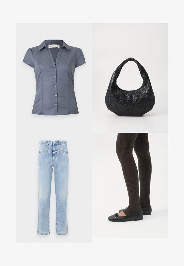 Grijs, getailleerd overhemd met korte mouwen, kraag en vijf knopen, met het label Hollister, maat small.; Lichtblauwe spijkerbroek met een hoge taille en rechte pasvorm. Kenmerkt zich door subtiele vervaging, standaard vijf-pocket ontwerp en metalen knoopsluiting.; Benen met donkere geribbelde leggings gecombineerd met zwarte ballerina's met kleine strikdetails op een witte achtergrond.; Zwarte geweven handtas met een gebogen handvat, met een gestructureerd oppervlak en een slouchy vorm. Gladde afwerking met een organische silhouette.